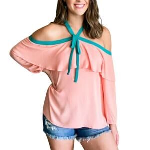 ENTRO Pink Teal Bow Top L Gauze Boho Girly Girlhood Beach Feminine Peasant NEW